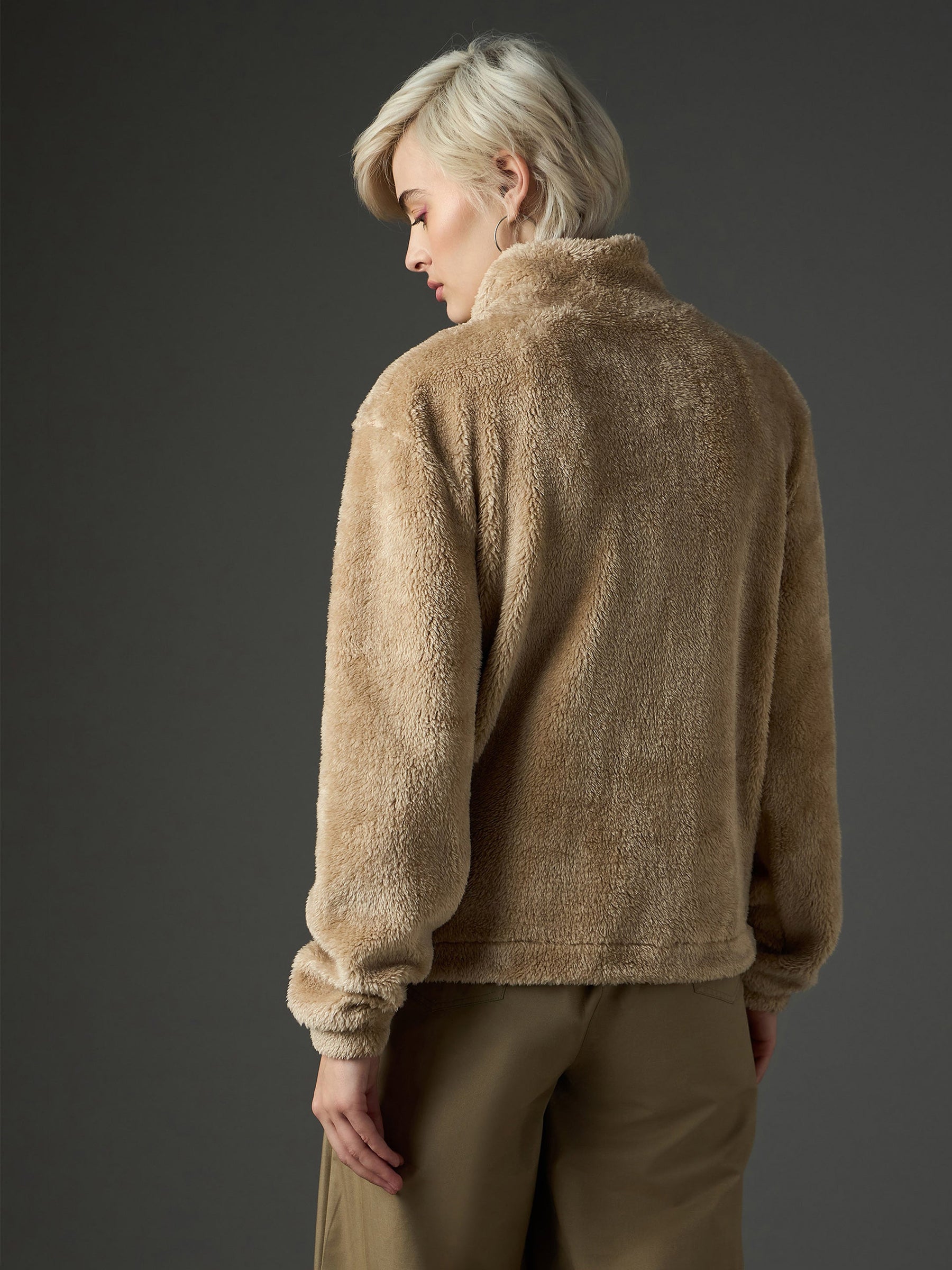 Beige Drawstring Faux Fur Jacket-SASSAFRAS