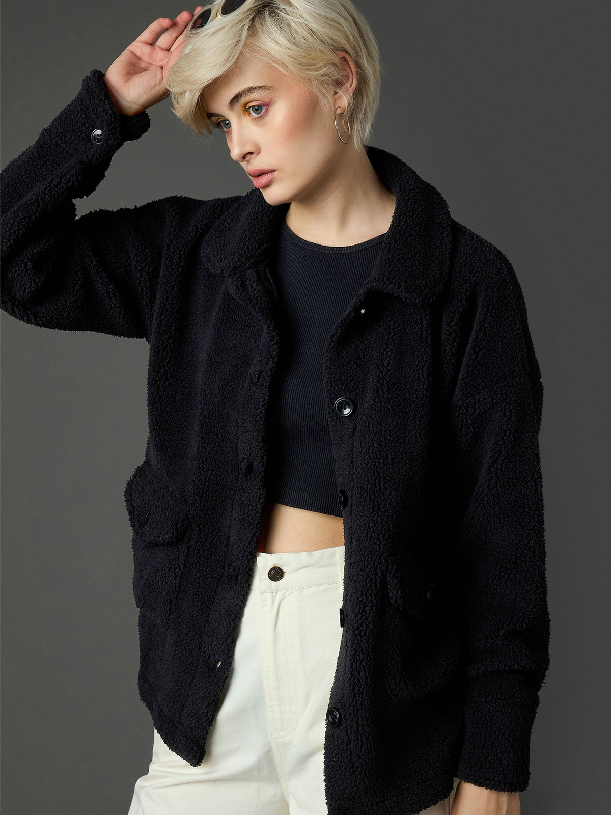 Black Faux Fur Oversized Jacket-SASSAFRAS
