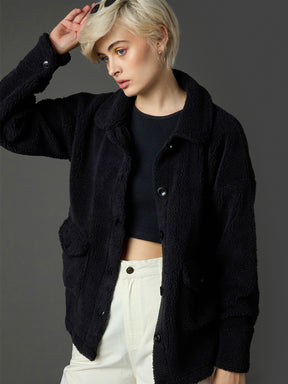 Black Faux Fur Oversized Jacket-SASSAFRAS