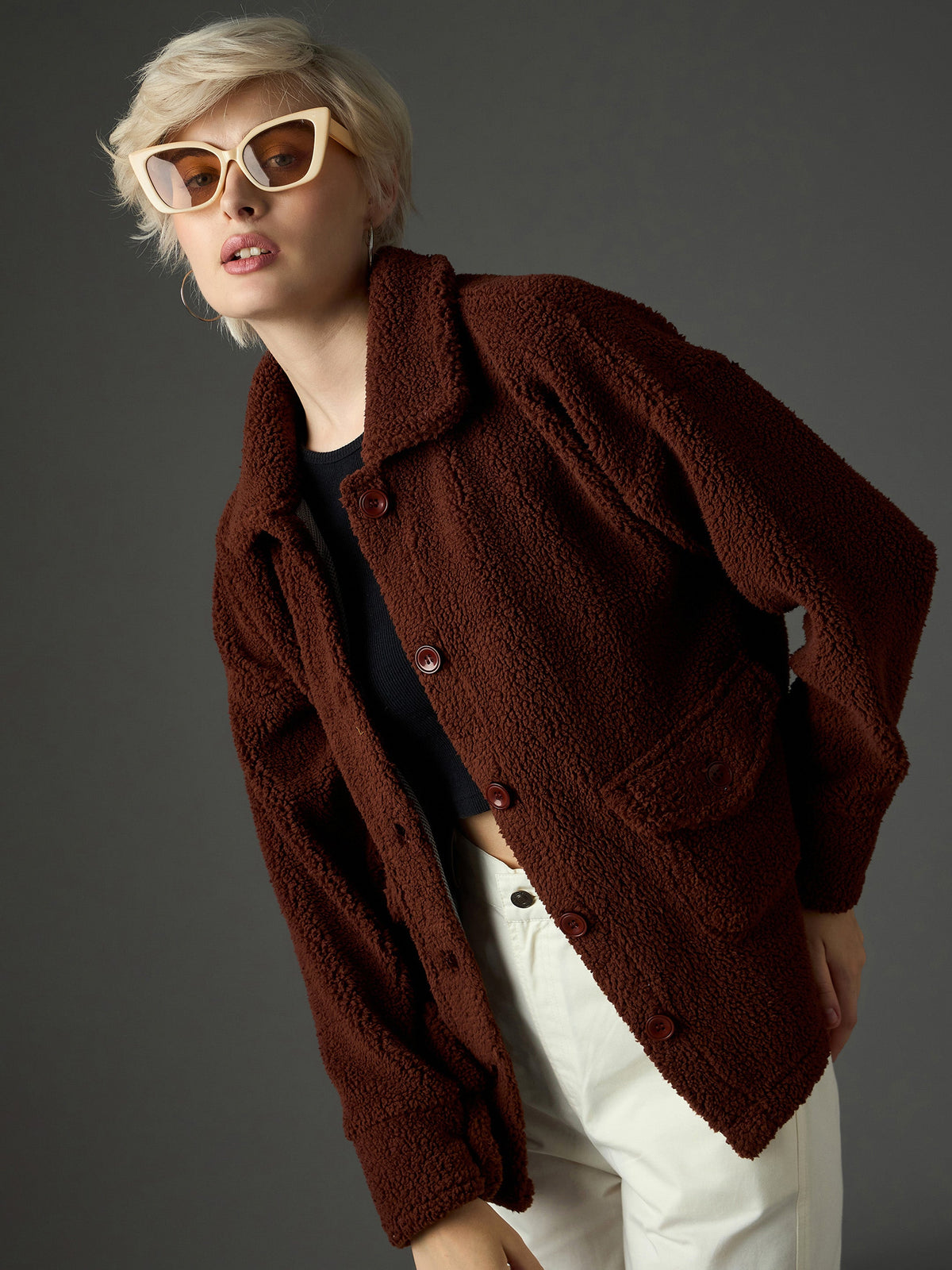 Brown Faux Fur Oversized Jacket-SASSAFRAS