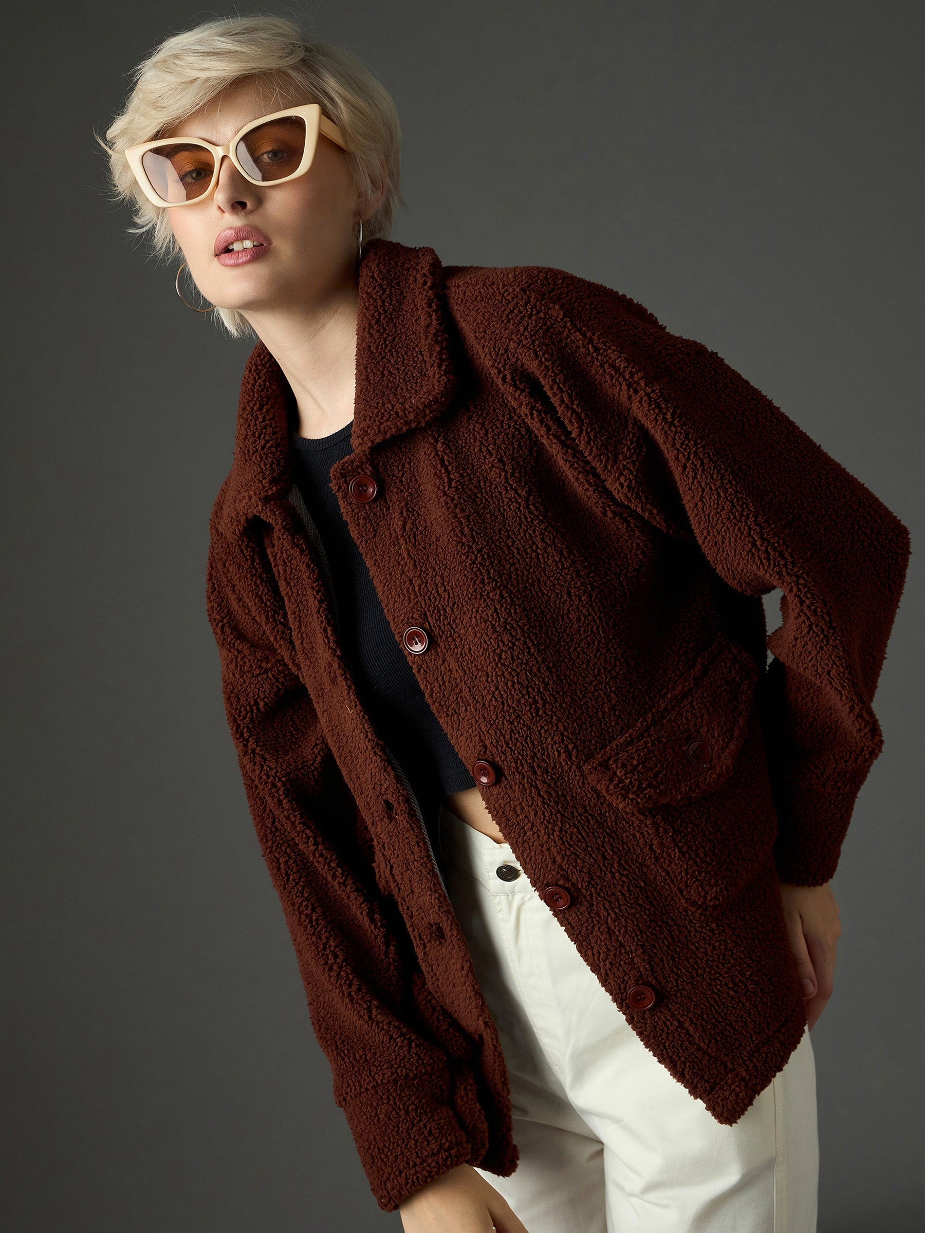 Brown Faux Fur Oversized Jacket-SASSAFRAS