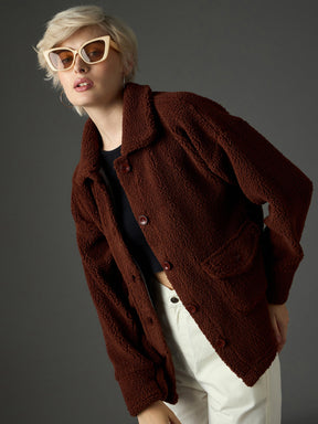Brown Faux Fur Oversized Jacket-SASSAFRAS