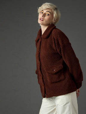 Brown Faux Fur Oversized Jacket-SASSAFRAS