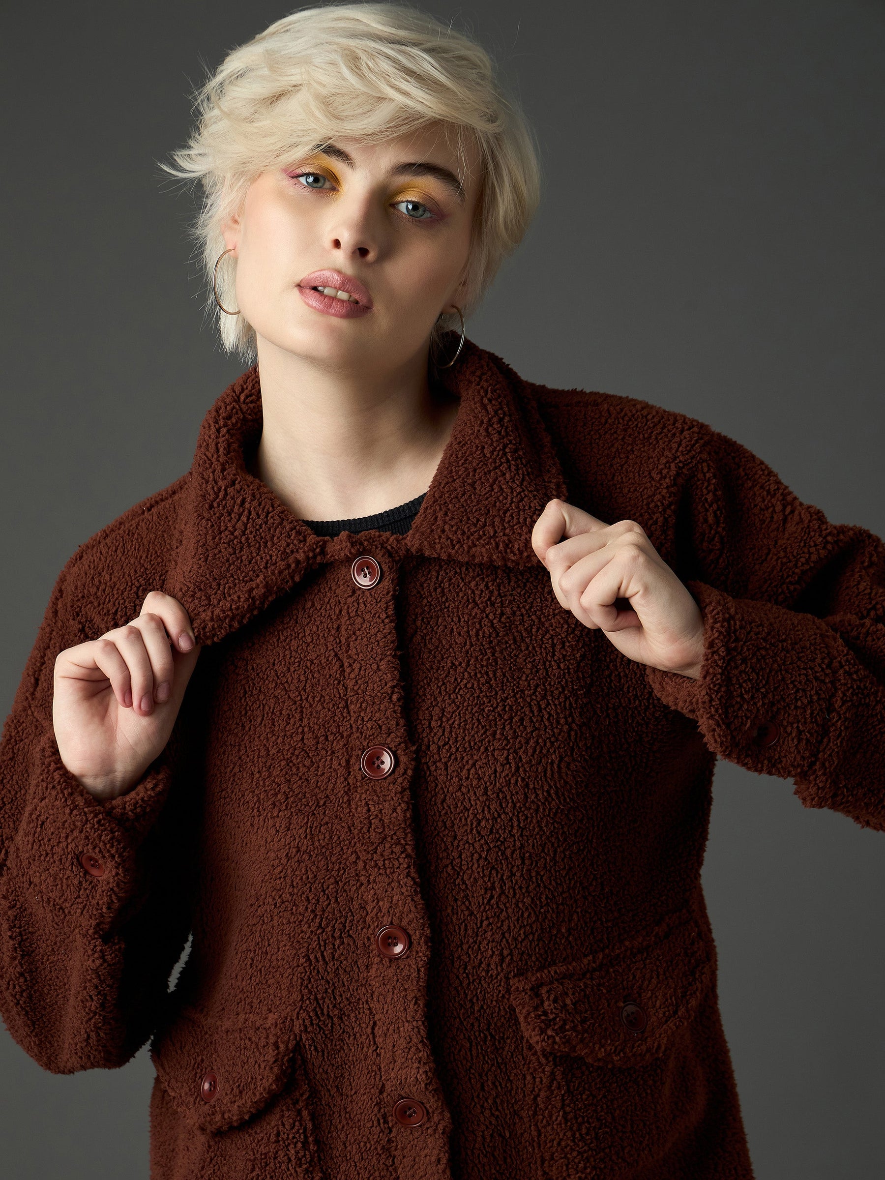 Brown Faux Fur Oversized Jacket-SASSAFRAS
