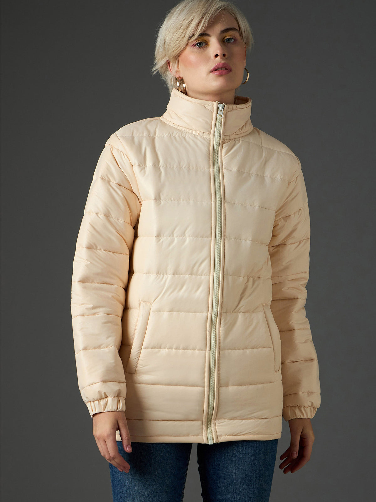Peach High Neck Horizontal Quilt Puffer Jacket-SASSAFRAS