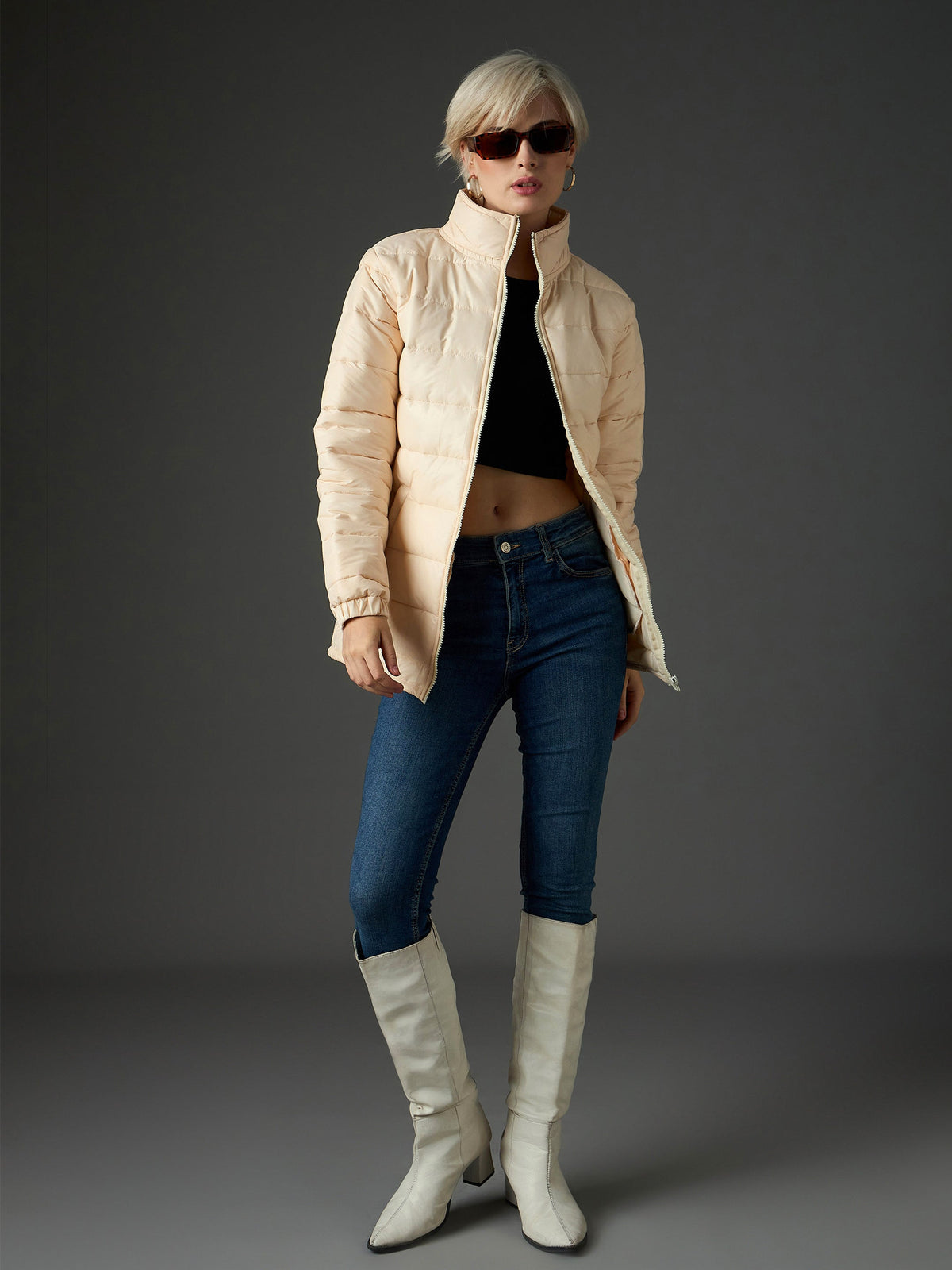 Peach High Neck Horizontal Quilt Puffer Jacket-SASSAFRAS