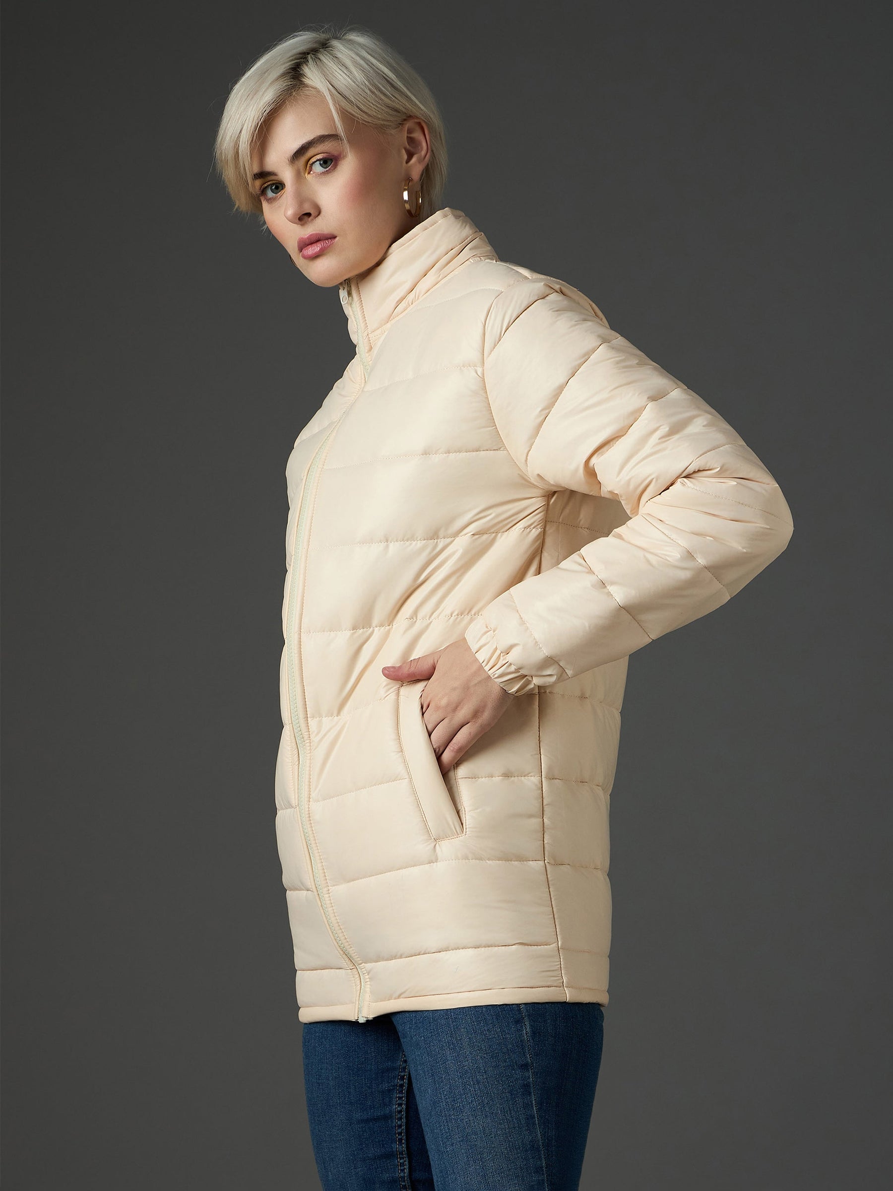 Peach High Neck Horizontal Quilt Puffer Jacket-SASSAFRAS