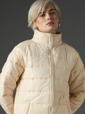 Peach High Neck Horizontal Quilt Puffer Jacket-SASSAFRAS