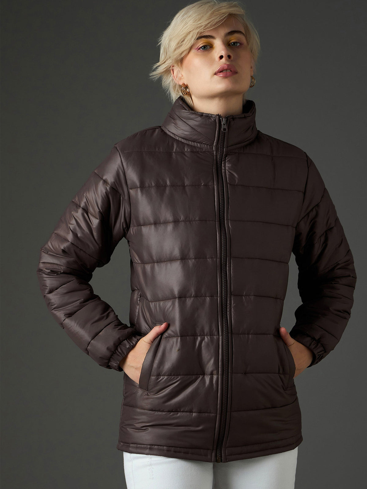 Brown High Neck Horizontal Quilt Puffer Jacket-SASSAFRAS