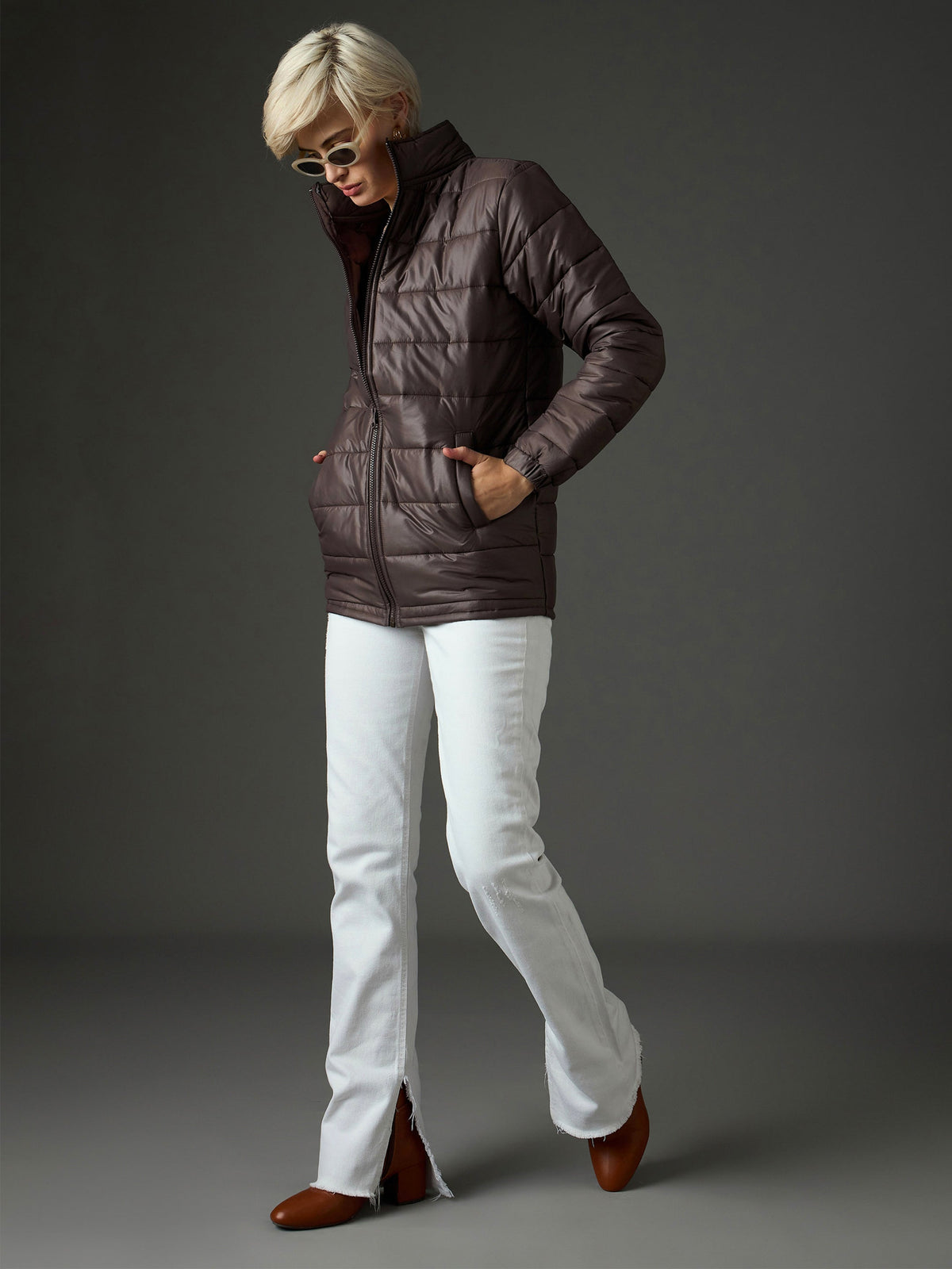 Brown High Neck Horizontal Quilt Puffer Jacket-SASSAFRAS