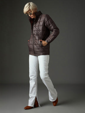 Brown High Neck Horizontal Quilt Puffer Jacket-SASSAFRAS