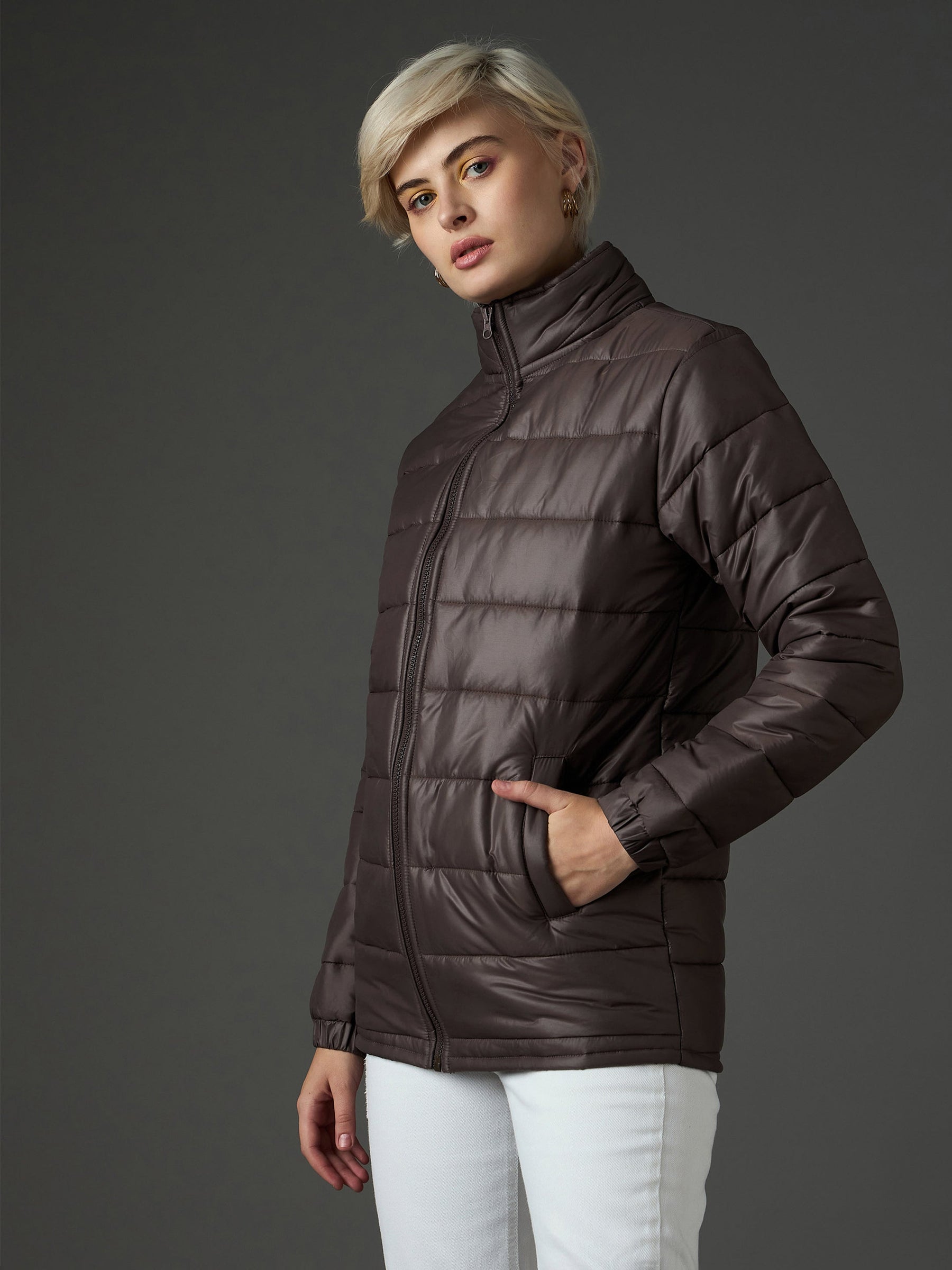 Brown High Neck Horizontal Quilt Puffer Jacket-SASSAFRAS