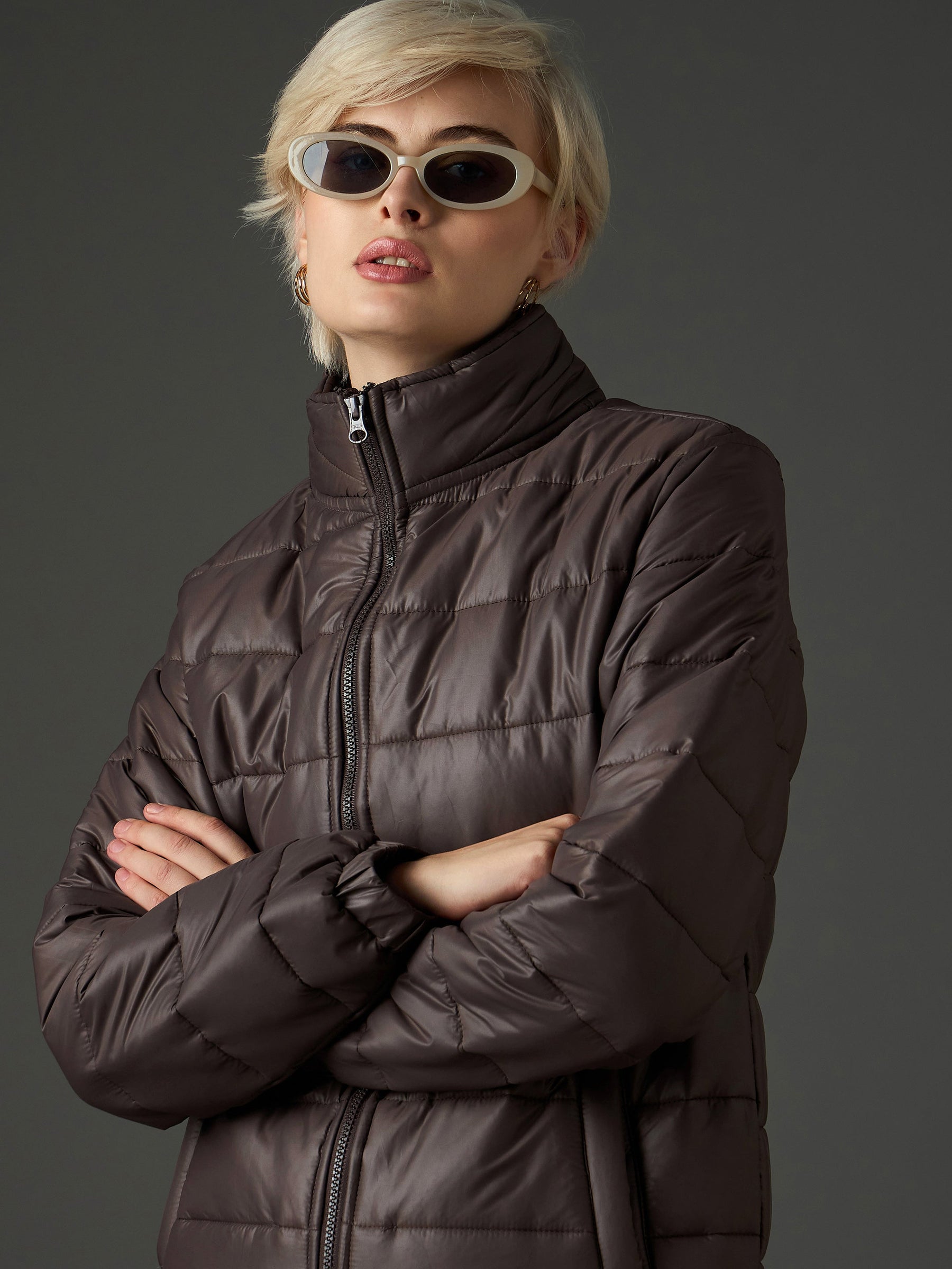 Brown High Neck Horizontal Quilt Puffer Jacket-SASSAFRAS