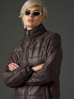 Brown High Neck Horizontal Quilt Puffer Jacket-SASSAFRAS