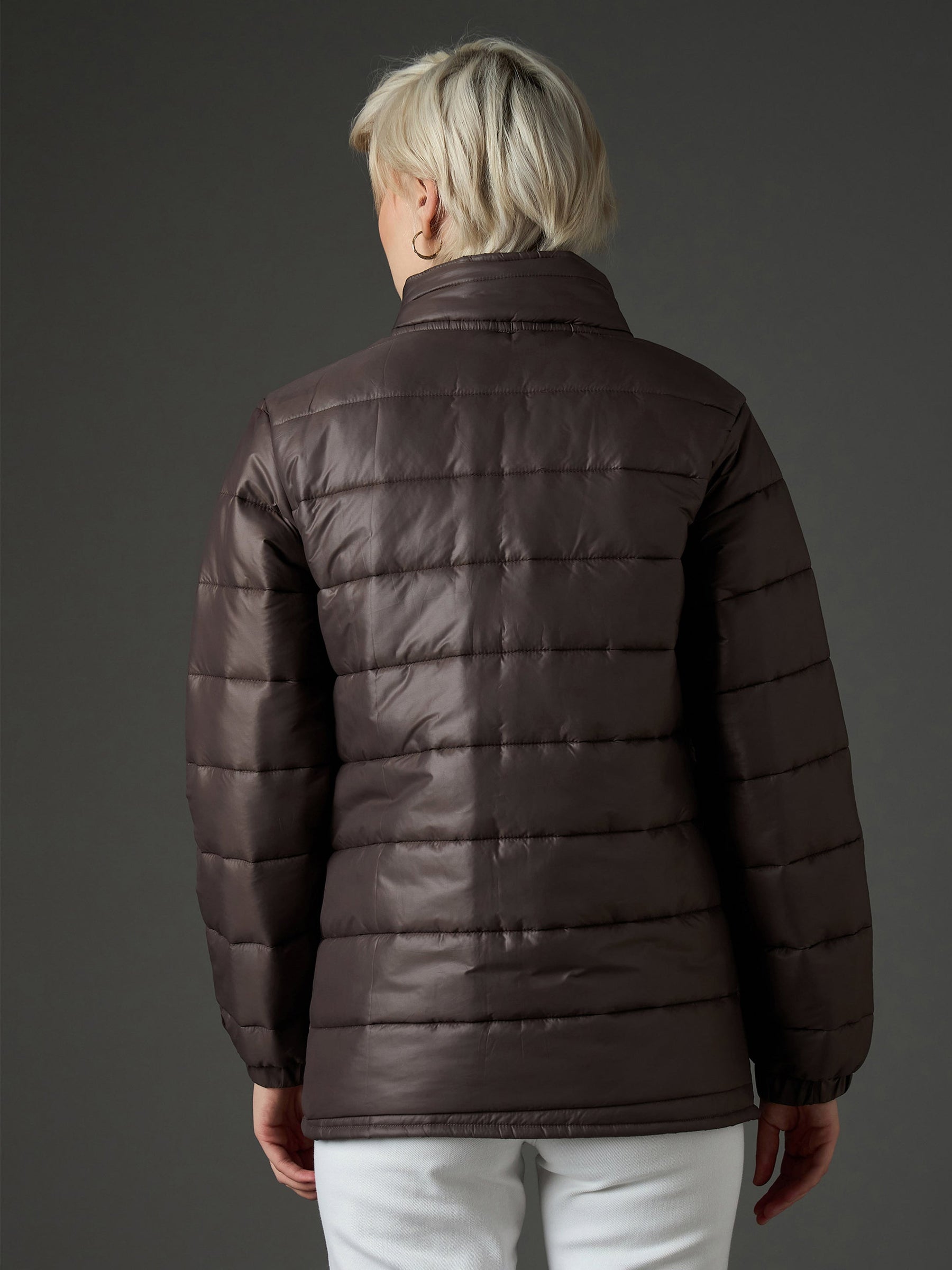 Brown High Neck Horizontal Quilt Puffer Jacket-SASSAFRAS