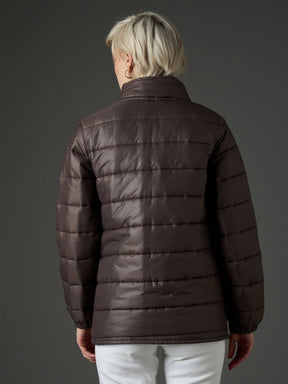 Brown High Neck Horizontal Quilt Puffer Jacket-SASSAFRAS