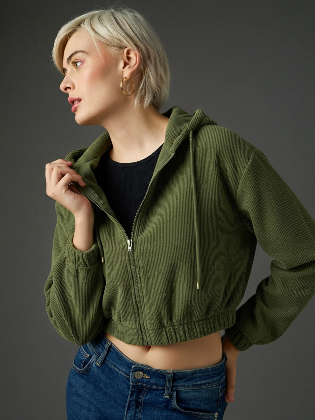Olive Hooded Boxy Corduroy Crop Jacket-SASSAFRAS