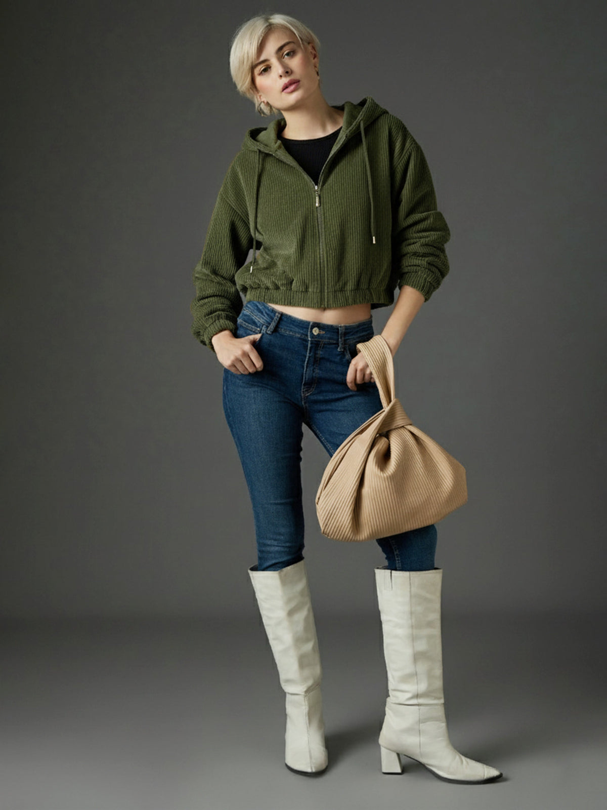 Olive Hooded Boxy Corduroy Crop Jacket-SASSAFRAS