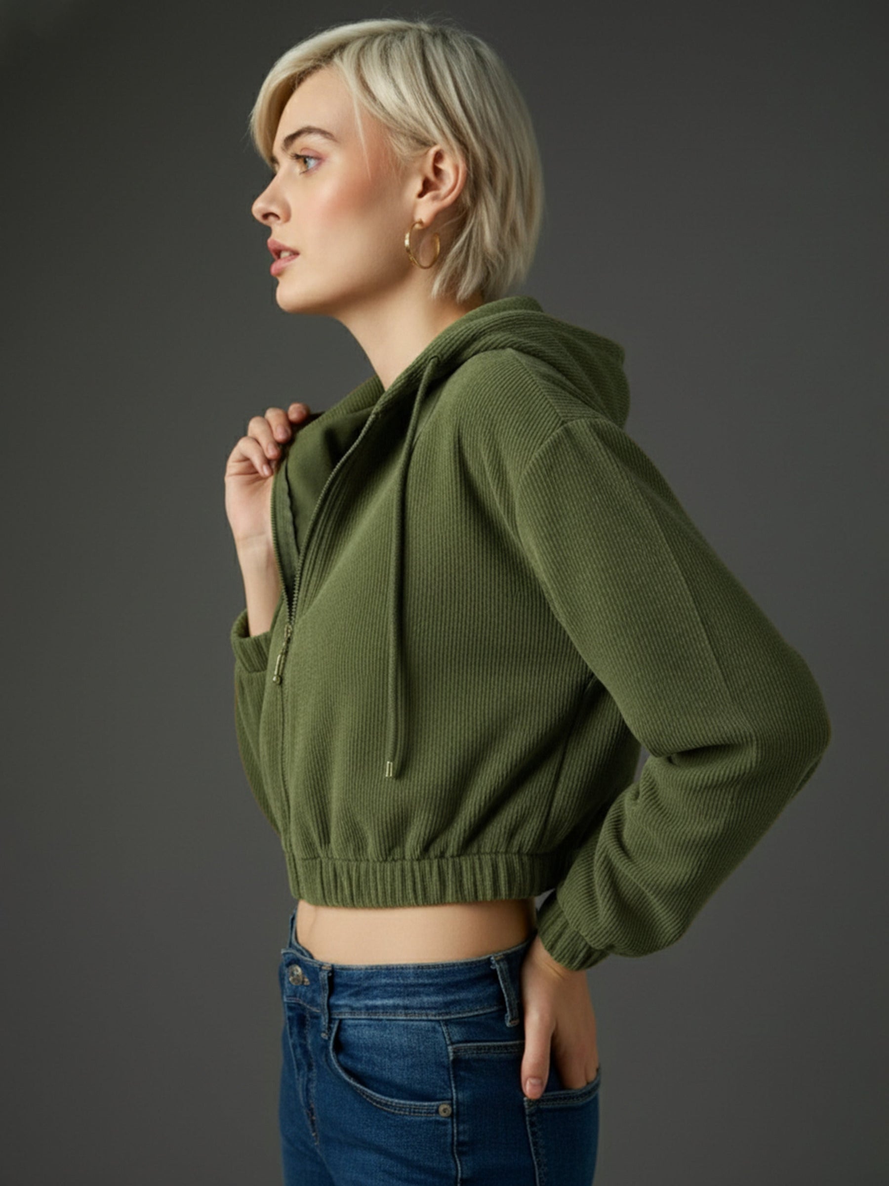 Olive Hooded Boxy Corduroy Crop Jacket-SASSAFRAS