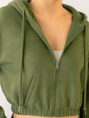 Olive Hooded Boxy Corduroy Crop Jacket-SASSAFRAS