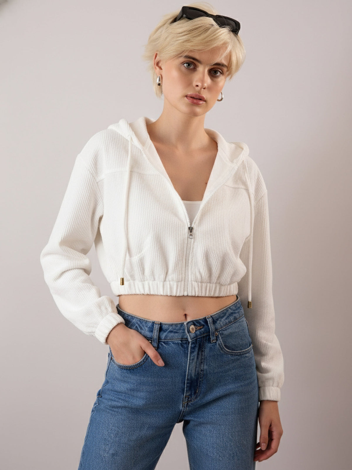 White Hooded Boxy Corduroy Crop Jacket-SASSAFRAS
