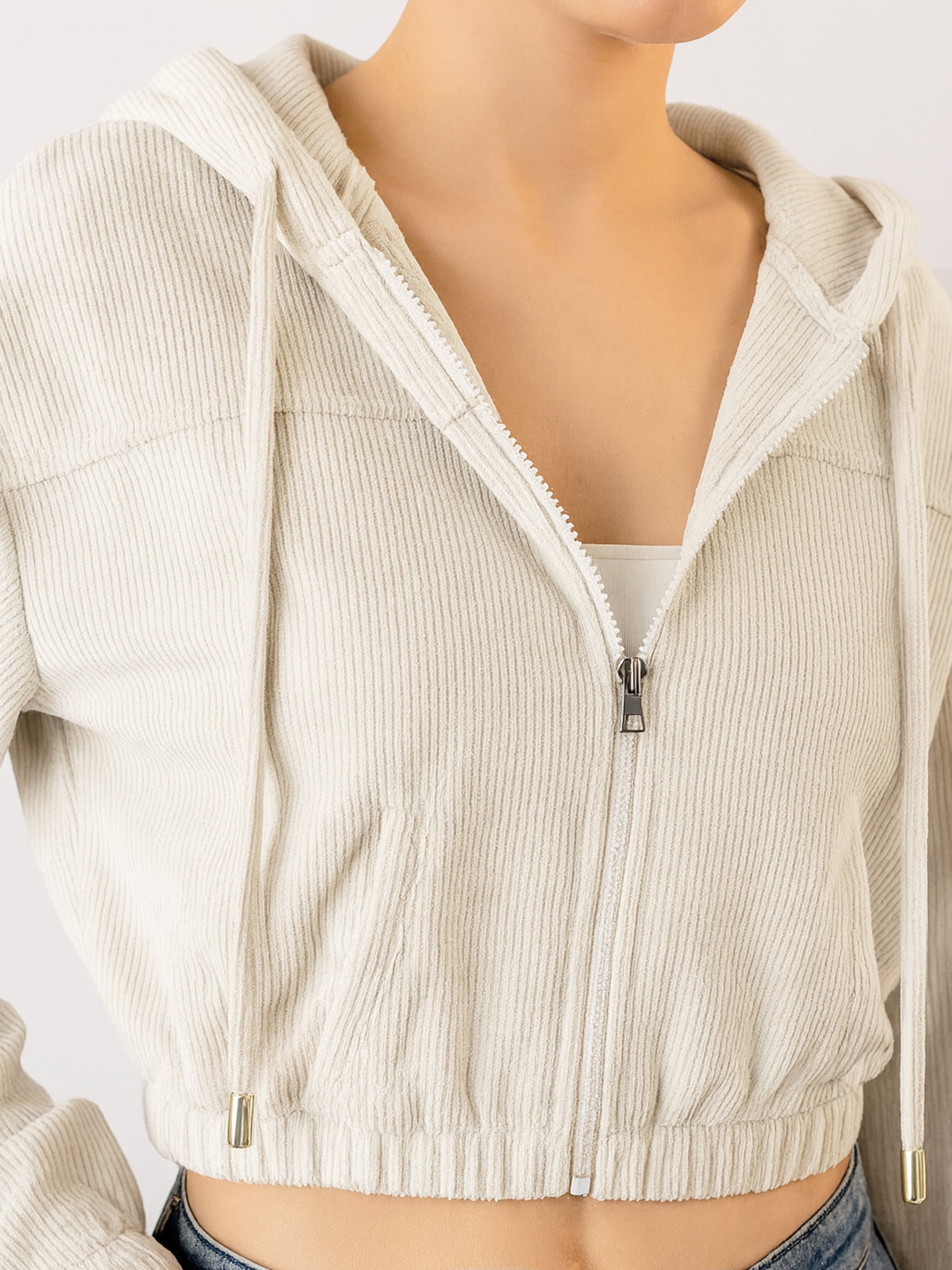 White Hooded Boxy Corduroy Crop Jacket-SASSAFRAS