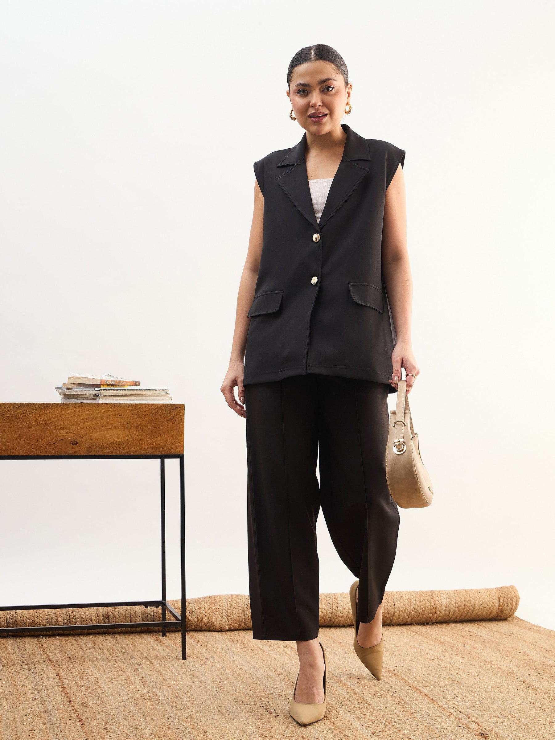 Black Notch Collar Sleeveless Oversize Blazer With Slouchy Pant-SASSAFRAS worklyf