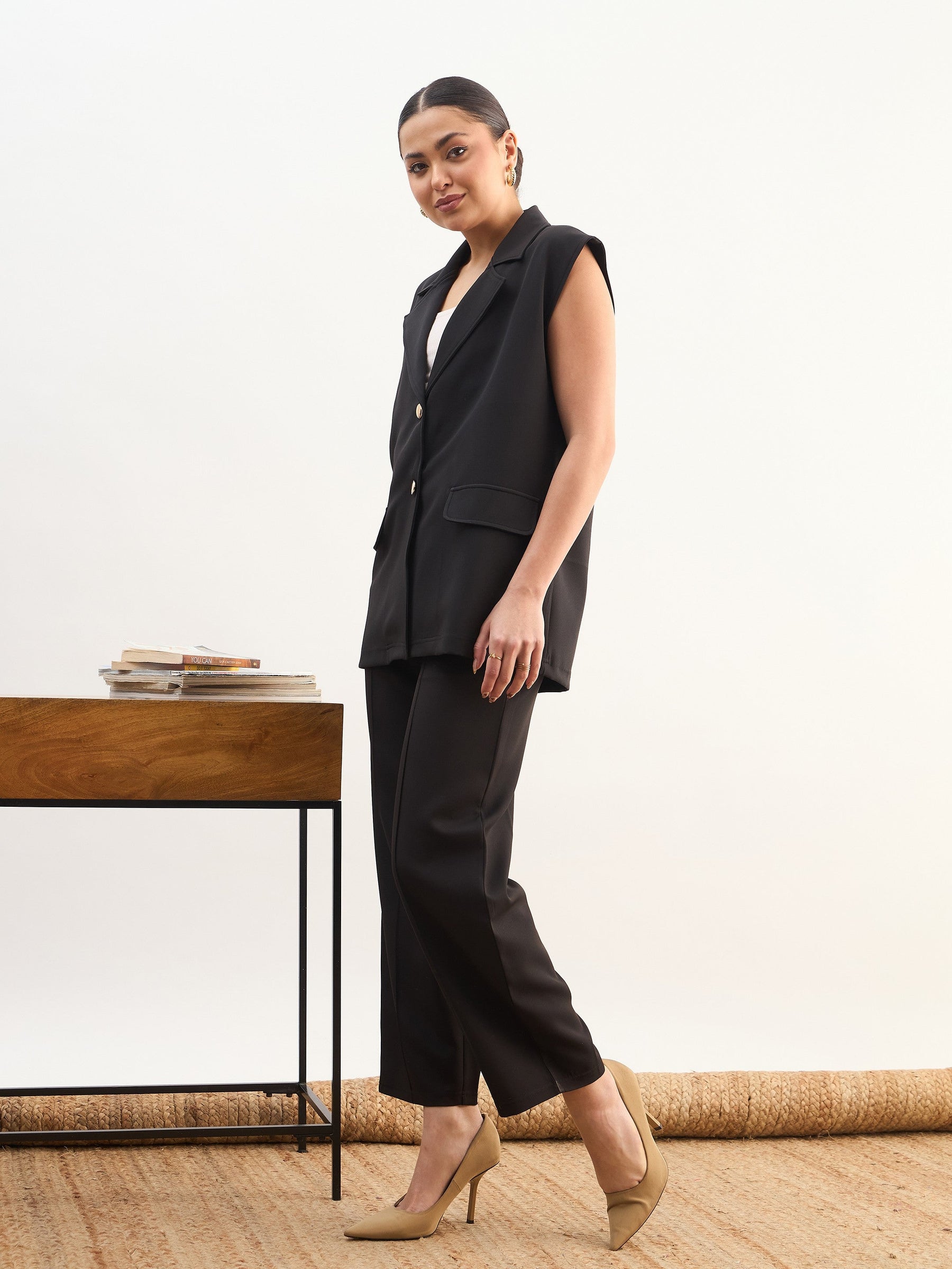 Black Notch Collar Sleeveless Oversize Blazer With Slouchy Pant-SASSAFRAS worklyf