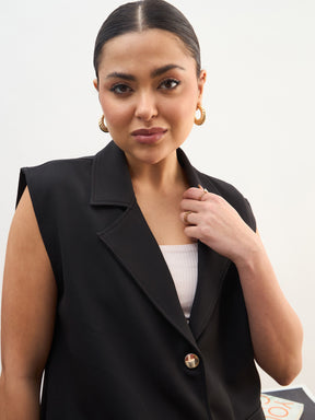 Black Notch Collar Sleeveless Oversize Blazer With Slouchy Pant-SASSAFRAS worklyf