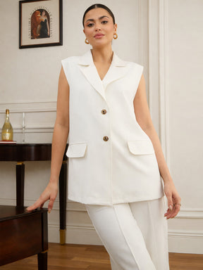 White Notch Collar Oversize Sleeveless Blazer-SASSAFRAS worklyf