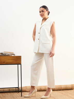 White Notch Collar Sleeveless Oversize Blazer With Slouchy Pant-SASSAFRAS worklyf