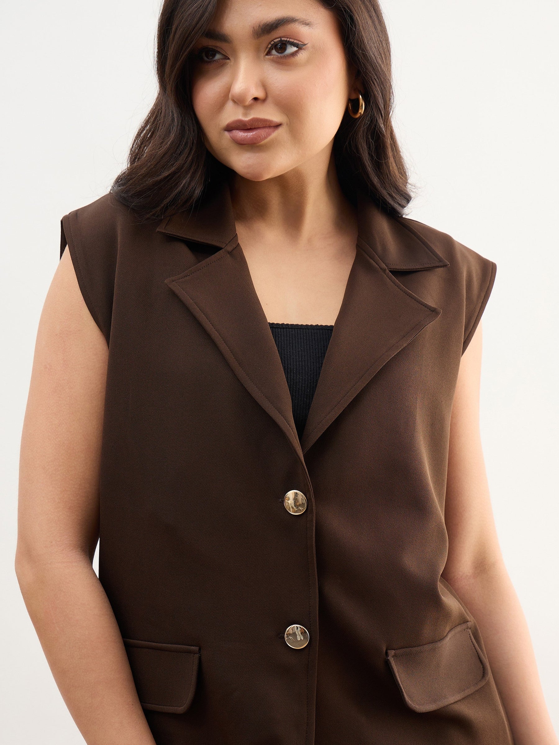 Coffee Brown Notch Collar Oversize Sleeveless Blazer-SASSAFRAS worklyf