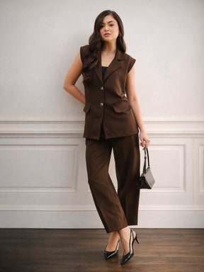 Coffee Brown Notch Collar Sleeveless Oversize Blazer With Slouchy Pant-SASSAFRAS worklyf