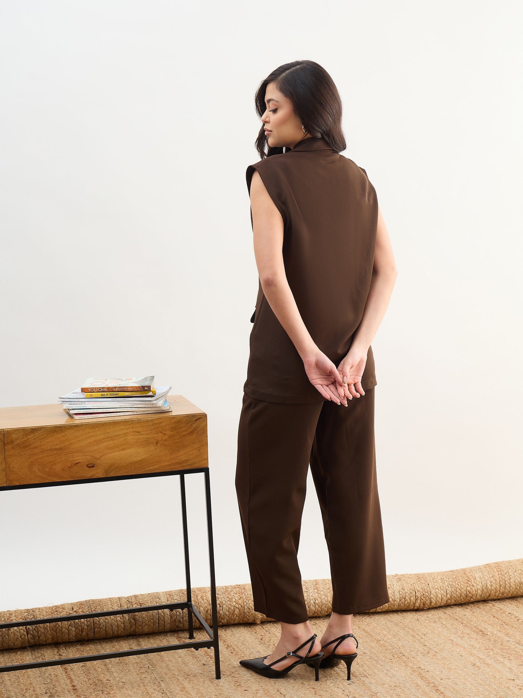 Coffee Brown Notch Collar Sleeveless Oversize Blazer With Slouchy Pant-SASSAFRAS worklyf