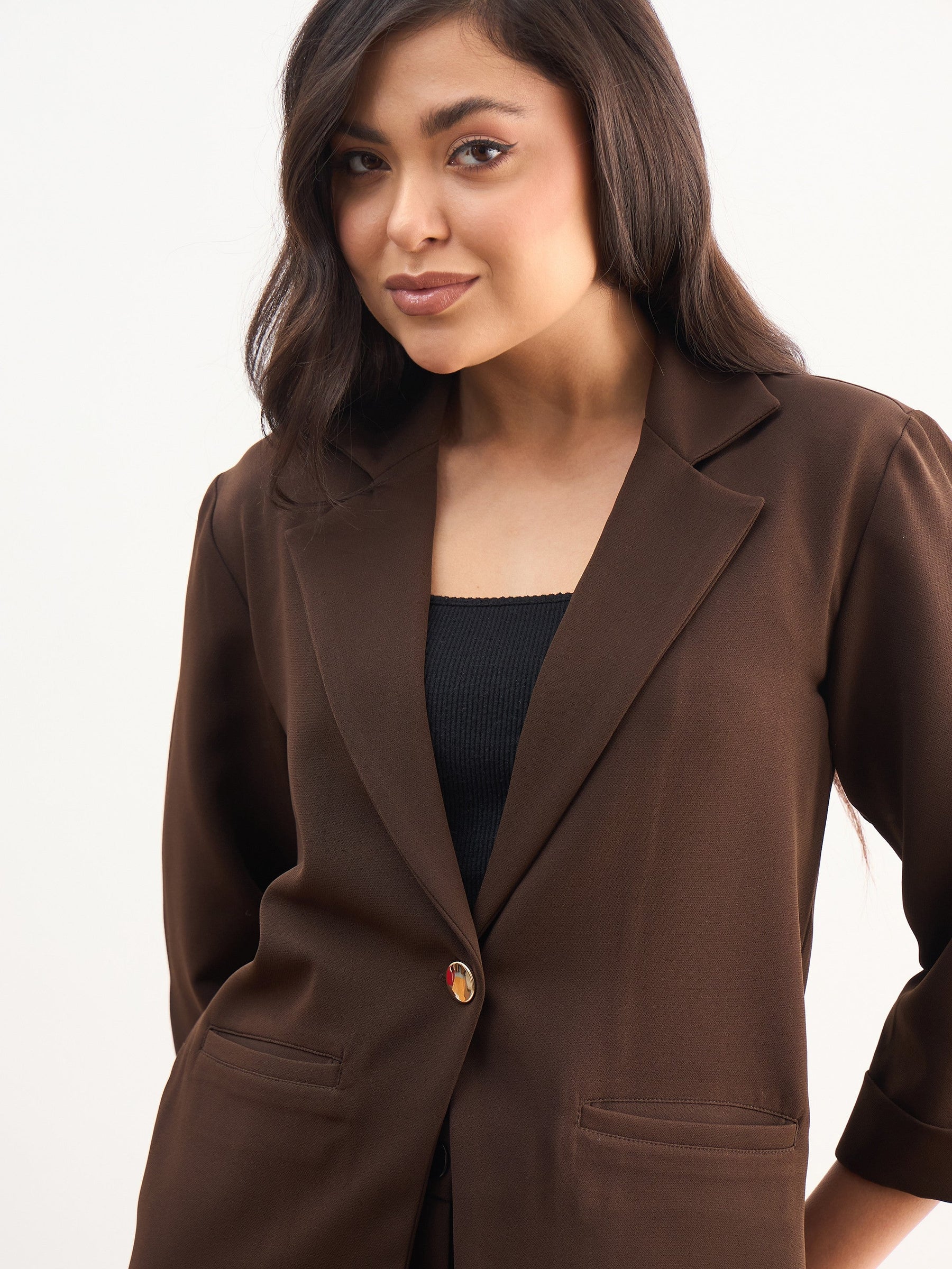 Coffee Brown Front Button Notch Collar Blazer-SASSAFRAS worklyf