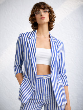 Blue Linen Striped Front Open Blazer-SASSAFRAS worklyf