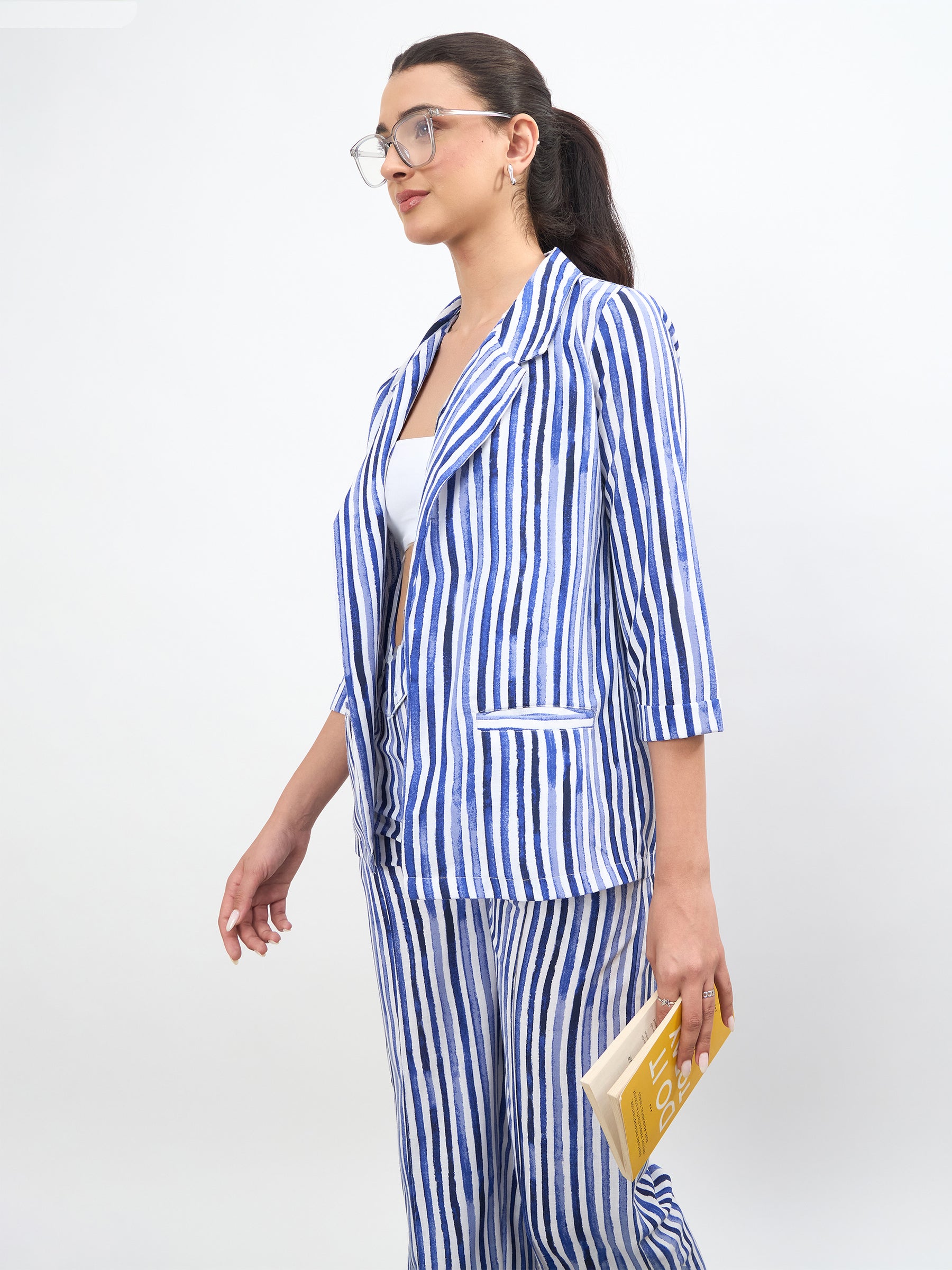 Blue Linen Striped Front Open Blazer-SASSAFRAS worklyf
