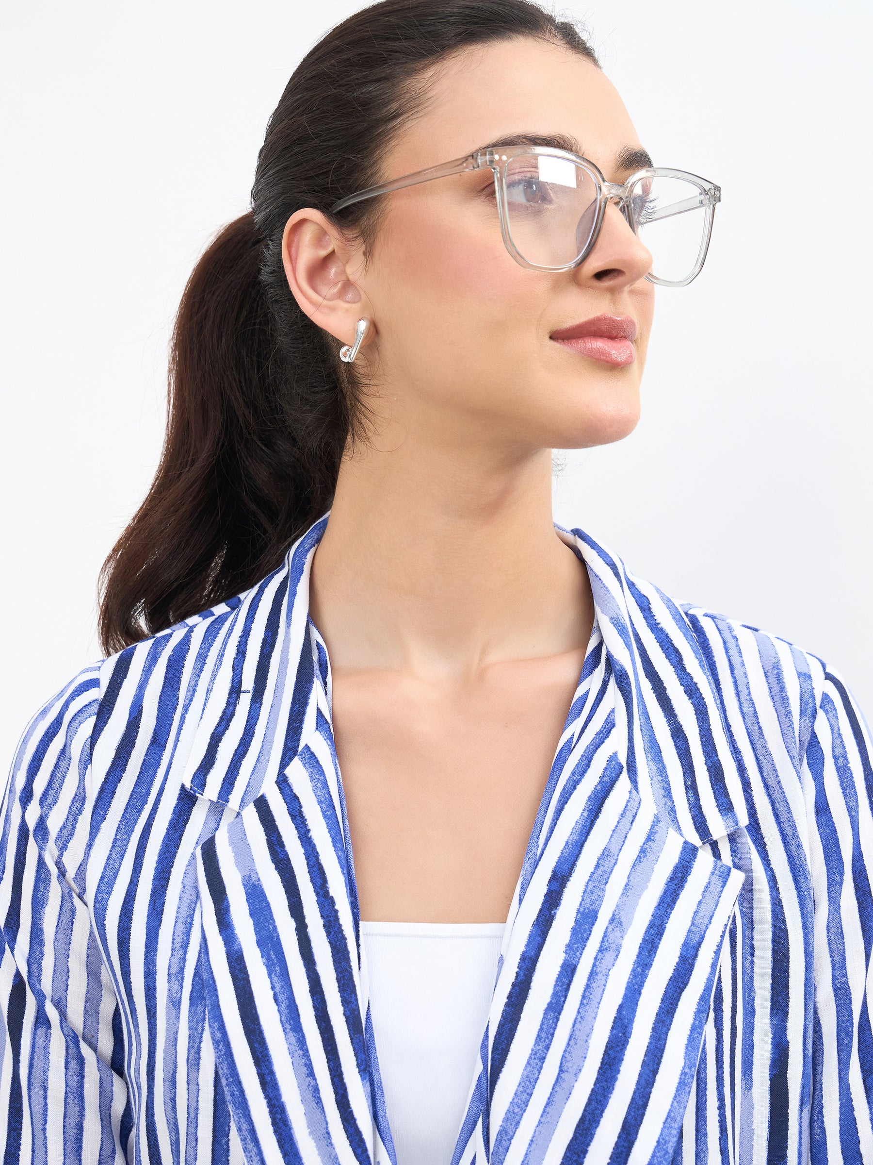 Blue Linen Striped Front Open Blazer-SASSAFRAS worklyf