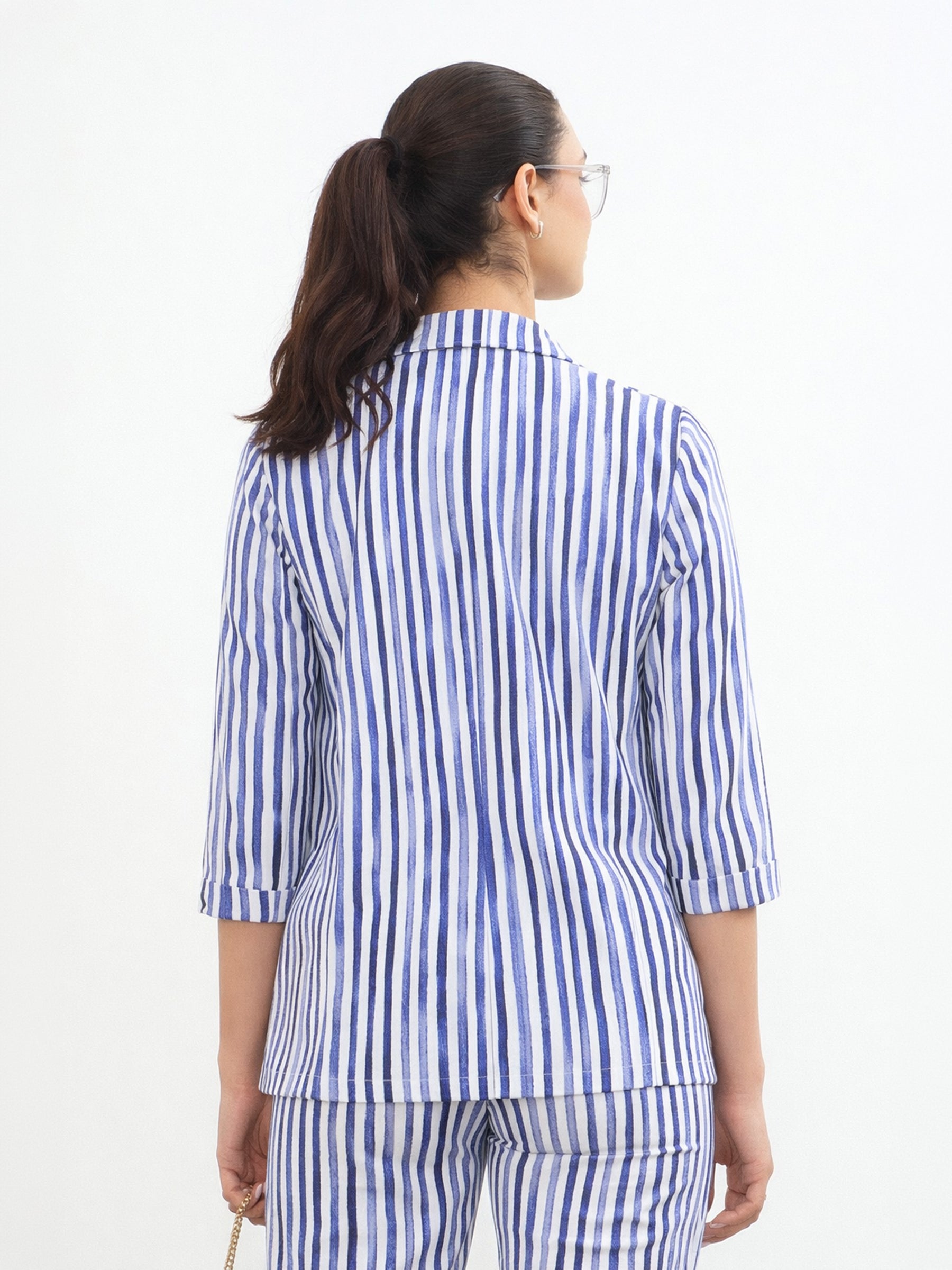 Blue Linen Striped Front Open Blazer-SASSAFRAS worklyf