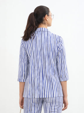 Blue Linen Striped Front Open Blazer-SASSAFRAS worklyf