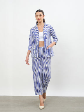Women Blue Linen Striped Front Open Blazer