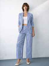 Blue Linen Striped Front Open Blazer With Slouchy Pants-SASSAFRAS worklyf