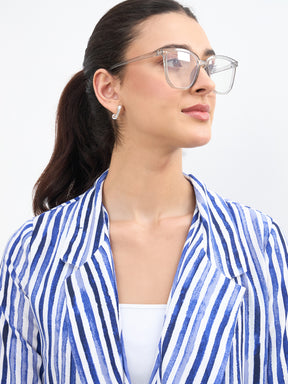 Blue Linen Striped Front Open Blazer With Slouchy Pants-SASSAFRAS worklyf