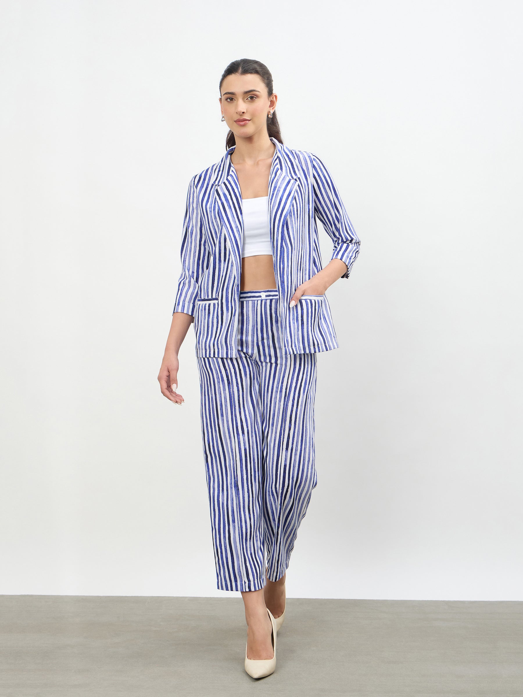 Blue Linen Striped Front Open Blazer With Slouchy Pants-SASSAFRAS worklyf