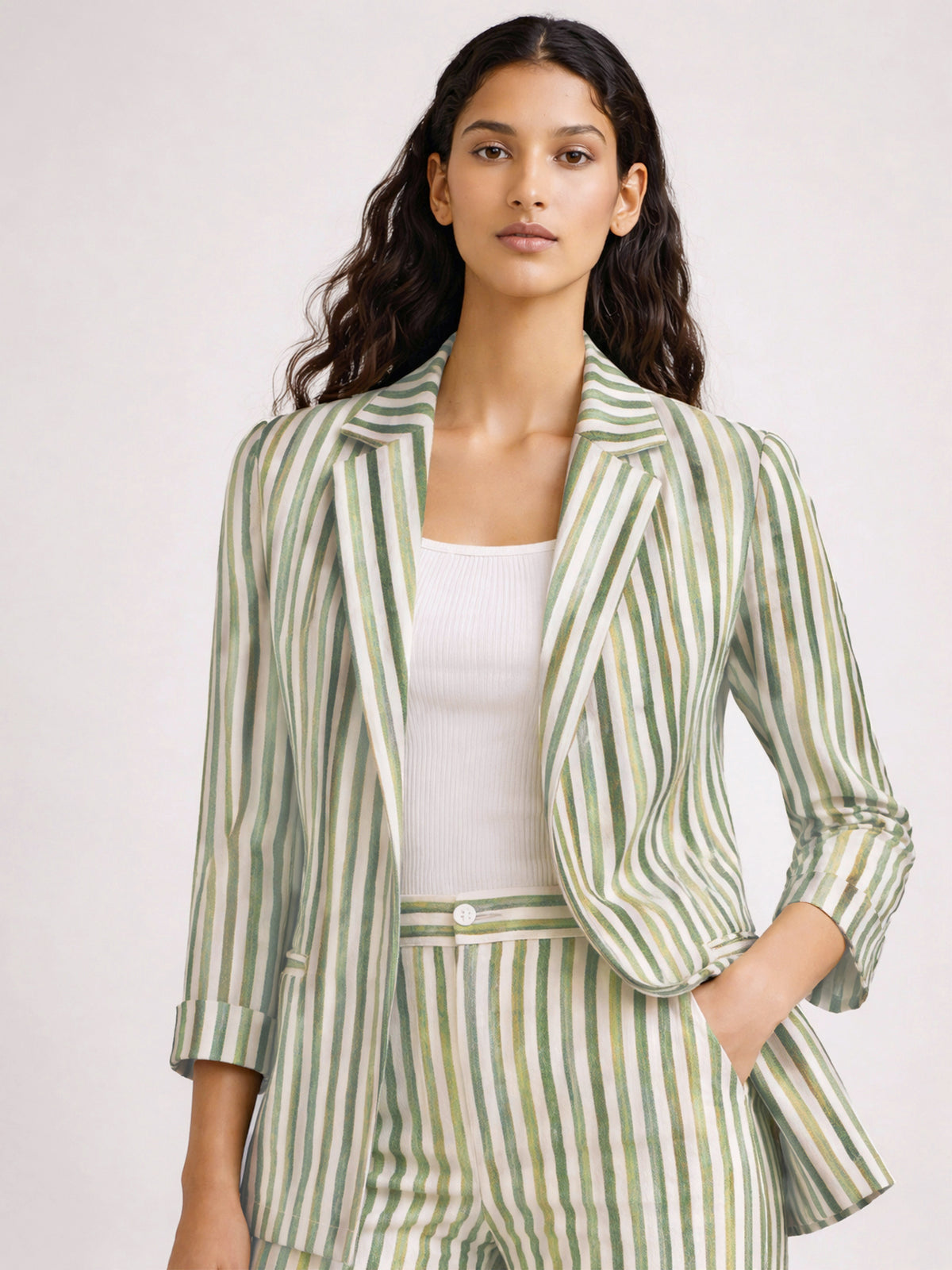Green Linen Striped Front Open Blazer-SASSAFRAS worklyf