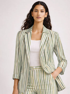 Green Linen Striped Front Open Blazer-SASSAFRAS worklyf