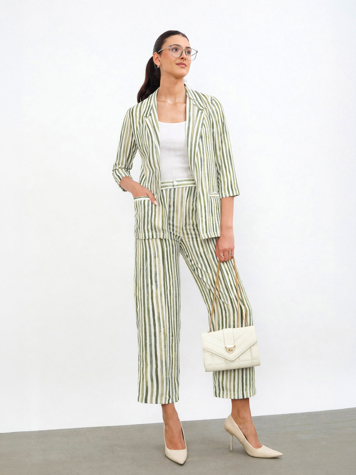 Green Linen Striped Front Open Blazer-SASSAFRAS worklyf