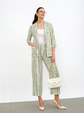 Green Linen Striped Front Open Blazer-SASSAFRAS worklyf