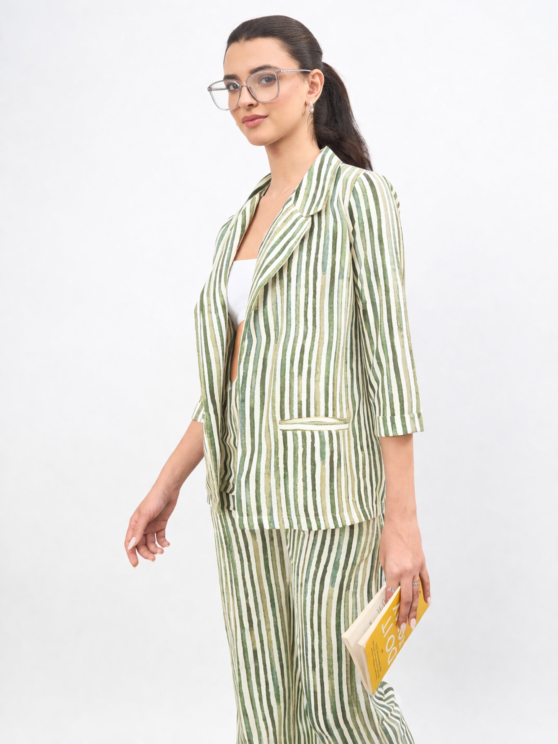Green Linen Striped Front Open Blazer-SASSAFRAS worklyf