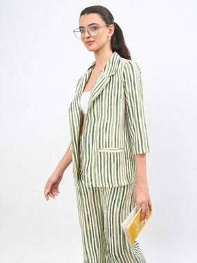 Green Linen Striped Front Open Blazer-SASSAFRAS worklyf
